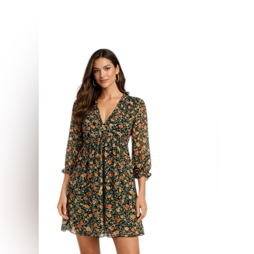 ZARA Floral Long Sleeve V-Neck Dress Size S